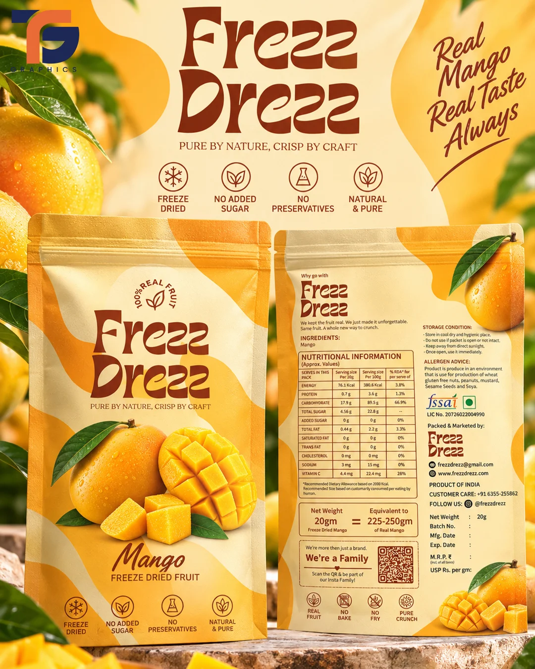 Freez Dreez mango packaging design